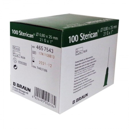 AGUJA BRAUN 21G 0,8 X 25 MM. Caja de 100 Unidades.