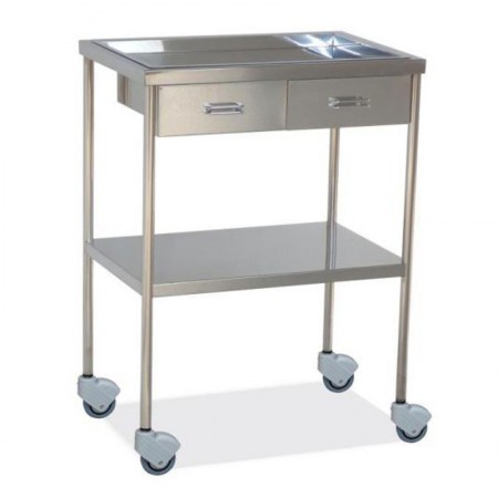 MESA AUXILIAR INOX. 2 CAJONES Y ESTANTE SUPERIOR EXTRAIBLE 