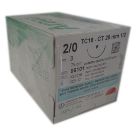 SUTURA SEDA NEGRA 2/0 TC-16. Caja de 12 Unidades.