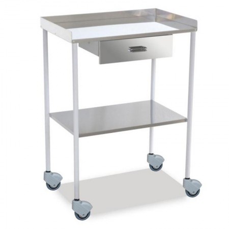 MESA AUX BLANCA 2 ESTANTES LISO INOX CON BARANDILLA CON CAJON