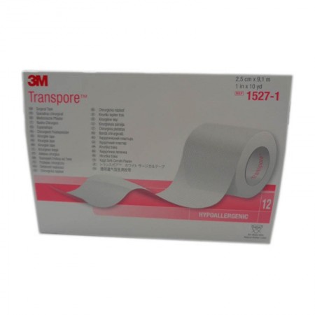ESPARADRAPO PLAST. TRANSPORE 9,1 MT X 2,5 CM. Caja de 12 Unidades.